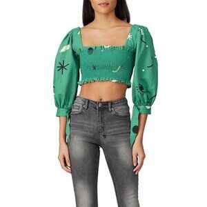 Capulet Gracia Green Smocked Puff Sleeve Crop Top Women's Size X-Small XS
